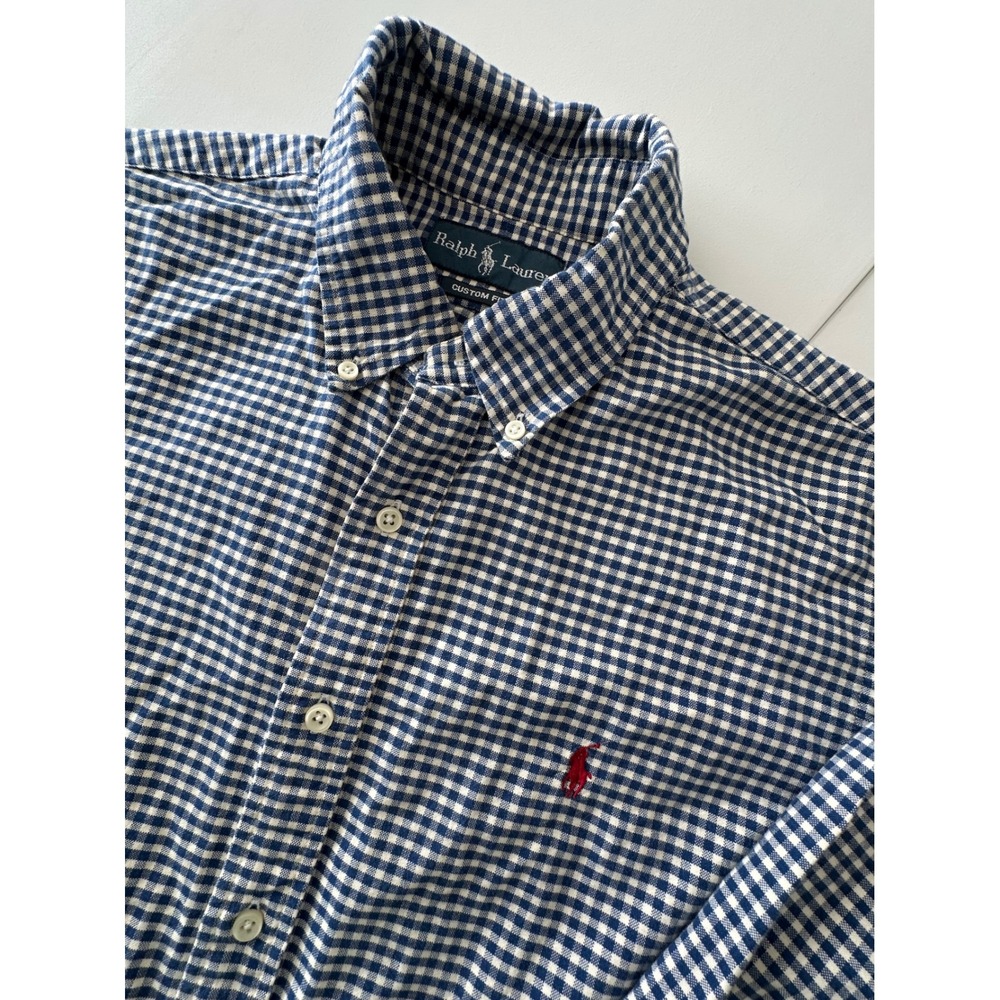 Ralph Lauren Mens Custom Fit Gingham Check Button Down Shirt Blue White Large